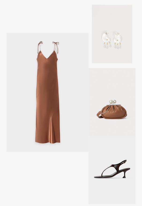 Longue robe nuisette en satin marron avec fines bretelles nouées aux épaules et un décolleté en V sur un fond uni et clair.; Sandale slingback en cuir verni marron foncé avec petit talon et bride entre les orteils sur fond blanc.; Pochette en cuir marron avec un fermoir à boule en argent et un petit détail en chaîne argentée sur fond blanc.; Boucles d'oreilles en résine transparente en forme de coquillage avec de petits accents dorés et trois breloques translucides en forme de goutte pendantes sur chaque boucle d'oreille.