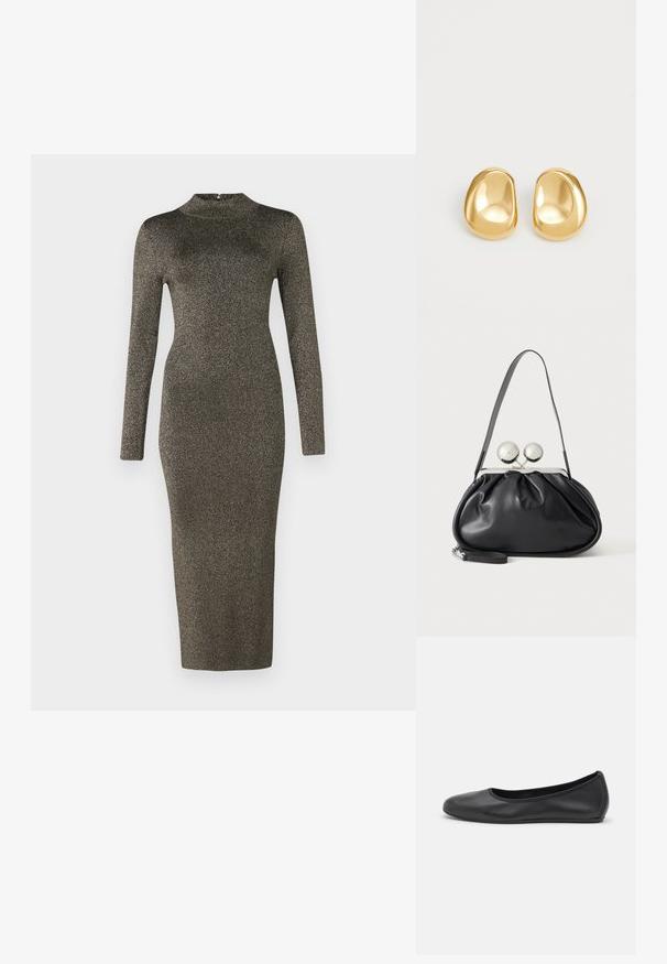 Robe midi à manches longues, ajustée, en tissu métallique sombre avec un col montant. Texture lisse et détails minimalistes. Dégradé de couleur allant du foncé au clair.; Ballerines en cuir noir avec un bout rond, texture lisse, détails de couture minimalistes et design de semelle flexible.; Sac à main en cuir noir avec un design plissé, une sangle unique, un cadre métallique argenté et deux grandes fermoirs ronds en argent.; Boucles d'oreilles en forme de clou de couleur or, avec une forme lisse et arrondie et une surface réfléchissante, mettant en avant un design minimaliste sans motifs visibles.