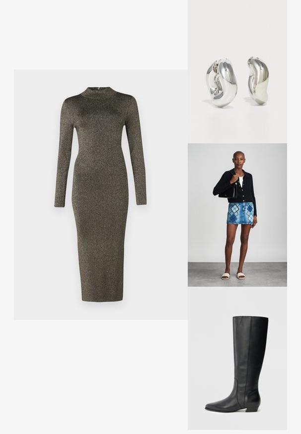Langærmet, tætsiddende midi-kjole i mørkt metallic stof med en mock neck. Glat tekstur og minimal detaljer. Farvegradient fra mørk til lys.; Sorte knæhøje læderstøvler med spids tå og lav blokhæl, med en glat tekstur og et rent, strømlinet design.; Sort striktrøje, hvid top, denimnederdel med blå og sort diamantmønster, sort håndtaske og beige slidesandaler.; Sølvskulpturelle øreringe med glatte, buede former og reflekterende overflader. Har et lukket hoop-design og en markant organisk form.