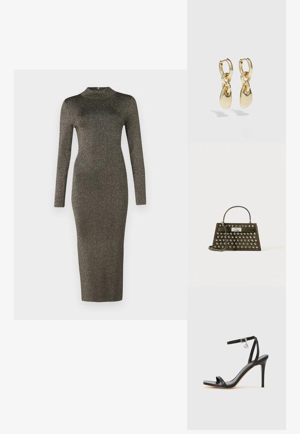 Langærmet, tætsiddende midi-kjole i mørkt metallic stof med en mock neck. Glat tekstur og minimal detaljer. Farvegradient fra mørk til lys.; Sort hæl-sandal med smal ankrem, firkantet tå-boks, glat lædermateriale og metalspænde som pynt.; Oliven grøn suedetaske med sølvrunde nitter, top-håndtag, skulderrem og rektangulær sølvspænde.; Guldøreringe med en sammenkoblet design og glatte, tårnformede accenter. Reflekterende finish øger den visuelle appel.