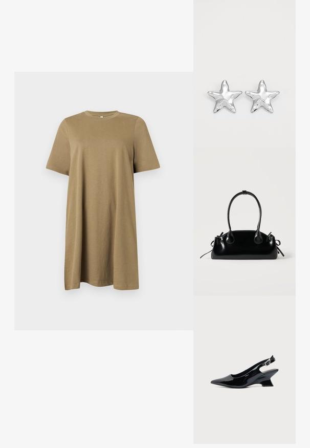 Robe ample à manches courtes et col rond, en coton marron clair uni, longueur genou, présentée sur un fond gris clair uni.; Chaussure slingback en cuir verni noir avec bout pointu et petit talon bloc incliné sur fond clair uni.; Petit sac à main noir brillant avec deux longues anses et des détails à cordon sur les côtés sur un fond clair uni.; Boucles d'oreilles argentées en forme d'étoile, avec une surface lisse et brillante. Chaque boucle d'oreille possède cinq pointes et des détails subtils de texture de surface.