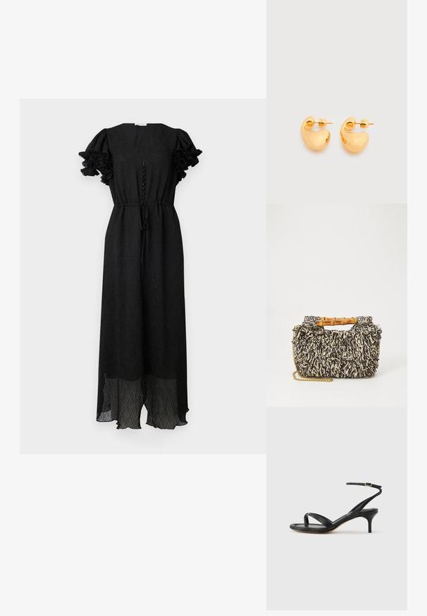 Robe noire avec décolleté en V, manches courtes à volants, boutonnière à l'avant et taille à cordon ; tissu texturé et longueur au sol.; Sandale pour femme en cuir noir avec fines lanières, une boucle d'orteil, une boucle à la cheville et un talon aiguille de hauteur moyenne sur un fond neutre.; Sac tissé avec un motif texturé noir et crème, une poignée en bambou et une bandoulière en chaîne dorée amovible. Forme rectangulaire compacte.; Paire de petites boucles d'oreilles clous épaisses en métal doré avec des formes lisses, courbes et abstraites sur un fond clair.