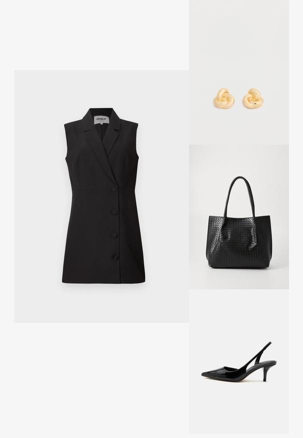 Vestido negro sin mangas con un cuello estructurado, escote en V y cinco botones frontales, que presenta una silueta ajustada y una textura de tela suave.; Zapato slingback de charol negro con tacón kitten, punta afilada y tacón bajo y delgado sobre fondo blanco.; Bolso tote de cuero trenzado negro con dos asas, forma estructurada y un sutil acabado brillante sobre un fondo claro.; Par de pendientes de botón en forma de nudo con acabado dorado brillante sobre un fondo blanco liso.
