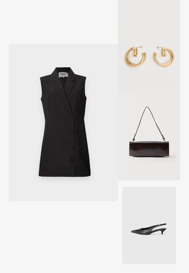 Vestido negro sin mangas con un cuello estructurado, escote en V y cinco botones frontales, que presenta una silueta ajustada y una textura de tela suave.; Zapato de tacón slingback negro de punta afilada, hecho de cuero suave. Presenta un tacón delgado y un detalle de hebilla en la correa ajustable.; Bolso rectangular de cuero negro con una sola correa larga y acabado brillante, exhibido sobre un fondo blanco liso.; Par de pendientes de aro doble brillante de oro con cierres de presión sobre un fondo blanco.