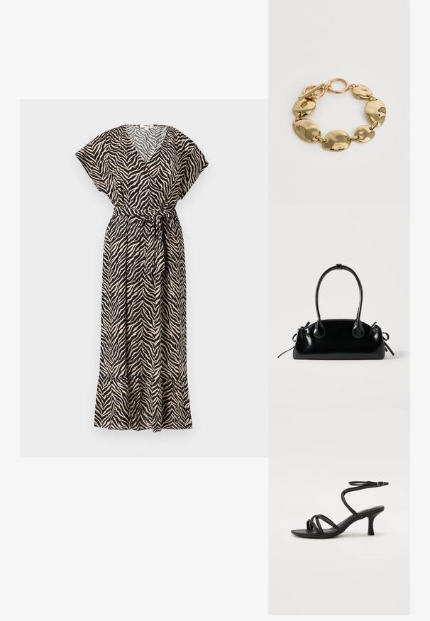Robe portefeuille imprimé zèbre noir et beige avec manches courtes, col en V, taille ceinturée et ourlet volanté.; Even&Odd Wide Fit by Zalando Sandales - black; Petit sac à main noir brillant avec deux longues anses et des détails à cordon sur les côtés sur un fond clair uni.; Bracelet épais ton or avec des maillons ovales irréguliers grands et petits alternés et un fermoir toggle sur fond blanc.