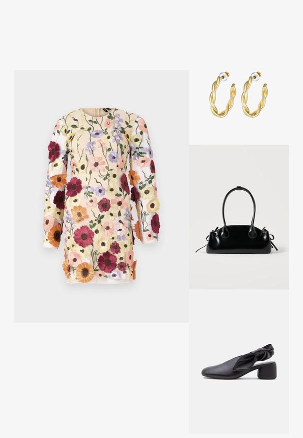 Tikandatud kleit pikkade varrukatega, millel on lillemuster roosa, punase ja lavendlitooni nude-taustal. Seljaosas on lukuga kinnitamine.; Mustast nahast slingback-king, millel on ümar varvas, sõlmega rihma detail ja madal plokk-konts valgel taustal.; Väike must läikiv käekott kahe pika sangaga ja külgedel paelakinnitustega, ühel lihtsal helel taustal.; Kuldne keerutatud kõrvarõngad siledast pinnast, läbipaistva tagumise poole ja kuldse tooniga riistvaraga.