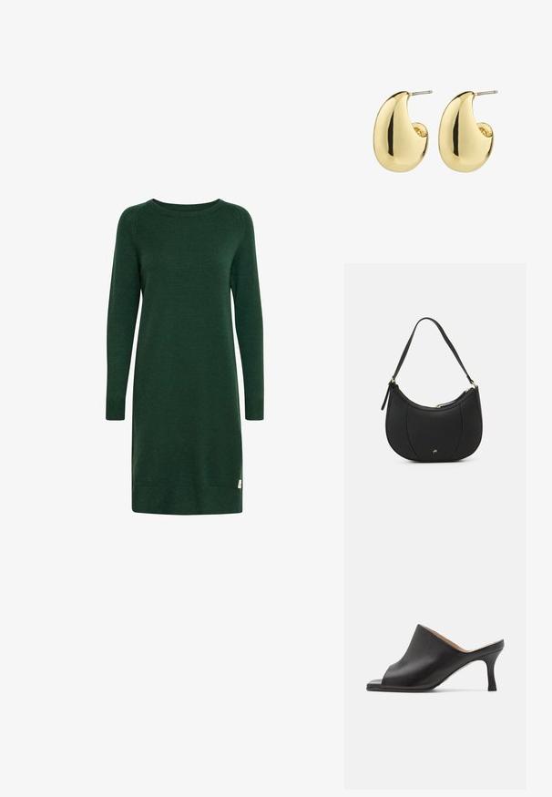 Vestido verde de punto con mangas largas, escote redondo y puños acanalados. Presenta una pequeña etiqueta con el logo cerca del dobladillo.; Selected ASHLEY - Mules de tacón - black; Bolso de mano de cuero negro con forma curva, superficie texturizada, costuras frontales y un logo en tono dorado. Cuenta con una sola correa ajustable.; Pendientes de stud en tono dorado con una superficie suave y pulida, que presentan una forma abstracta en forma de lágrima. Hardware de metal simple para la sujeción.