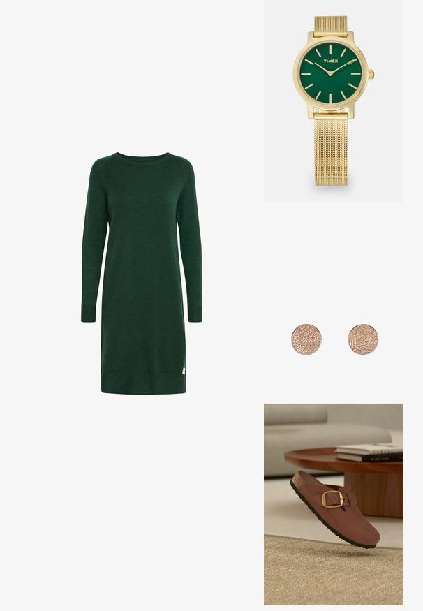 Vestido verde de punto con mangas largas, escote redondo y puños acanalados. Presenta una pequeña etiqueta con el logo cerca del dobladillo.; Zapato marrón sin cordones con una gran hebilla dorada, suela de corcho y banda de rodadura negra flotando sobre una alfombra beige cerca de una mesa de madera con libros apilados.; Reloj Timex de tono dorado con una esfera verde, marcadores de índice minimalistas y una correa de malla. Caja circular con perfil delgado y corona.; Pendientes de botón redondos en oro rosado con una superficie texturada, que presentan un patrón de cruzado. Bordes suaves y acabado pulido.
