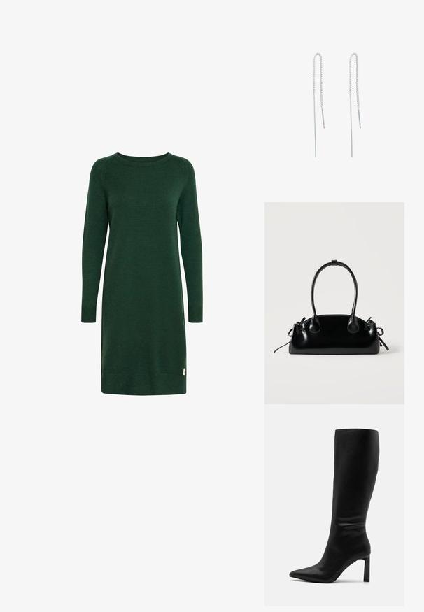 Vestido verde de punto con mangas largas, escote redondo y puños acanalados. Presenta una pequeña etiqueta con el logo cerca del dobladillo.; Even&Odd by Zalando Botas - black; Pequeño bolso negro brillante con dos asas largas y detalles de cordón lateral sobre un fondo claro liso.; Pendientes de cadena plateada con un diseño alargado, que presentan una delicada cadena y colgantes rectos y finos en los extremos. Textura suave.