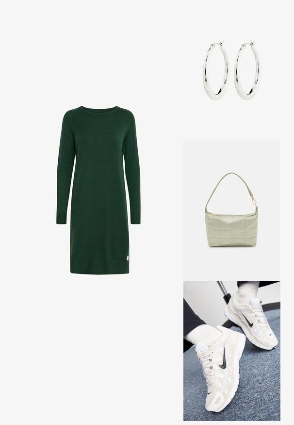 Groene gebreide jurk met lange mouwen, ronde halslijn en geribde manchetten. Voorzien van een klein logo-label nabij de zoom.; Witte en beige Nike sneakers met een mesh bovenwerk, textuur overlay, zwarte swoosh en een gevoerde zool met een gripzool.; Gewatteerde groene schoudertas met een zachte textuur, rechthoekige vorm, enkele schouderriem en een ritsluiting in goudkleur. Voorzien van een gewatteerd patroon.; Zilveren oorbellen in de vorm van een gladde, glanzende ring. Circulaire vorm, voorzien van een veilige sluiting. Eenvoudig en elegant ontwerp.