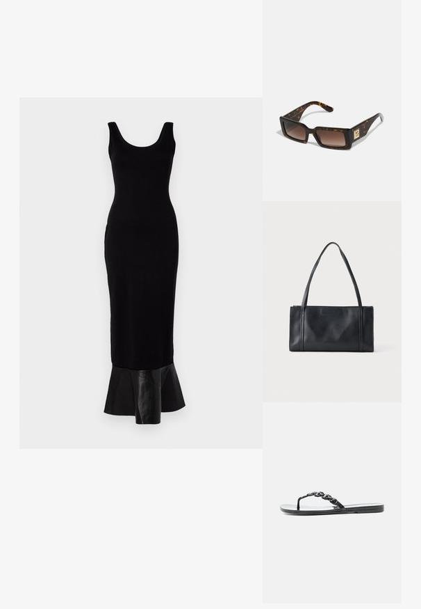 Robe midi noire à côtes avec un décolleté arrondi et un ourlet en cuir évasé. Texture lisse, silhouette ajustée et design minimaliste.; Sandale noire plate avec une bride en chaîne brillante et une semelle fine sur un fond blanc uni.; Lunettes de soleil en écaille de tortue avec des montures rectangulaires, des verres à dégradé marron et un accent doré sur la branche. Matériau plastique lisse.; Sac à main rectangulaire en cuir noir avec deux fines bandoulières sur un fond clair uni.