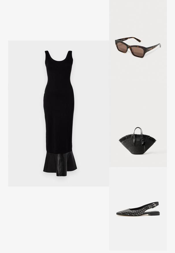 Robe midi noire à côtes avec un décolleté arrondi et un ourlet en cuir évasé. Texture lisse, silhouette ajustée et design minimaliste.; Ballerines noires à brides arrière avec un design à bout pointu, ornées de rivets en œillets circulaires argentés, dotées d'un petit talon carré et d'une sangle réglable à boucle.; Lunettes de soleil en écaille avec des montures angulaires, lentilles marron et logo "vogue" doré sur les branches. Motif texturé sur les montures.; Sac fourre-tout tissé noir avec une large forme en éventail, bord supérieur frangé, deux poignées et un noeud décoratif sur une des poignées.