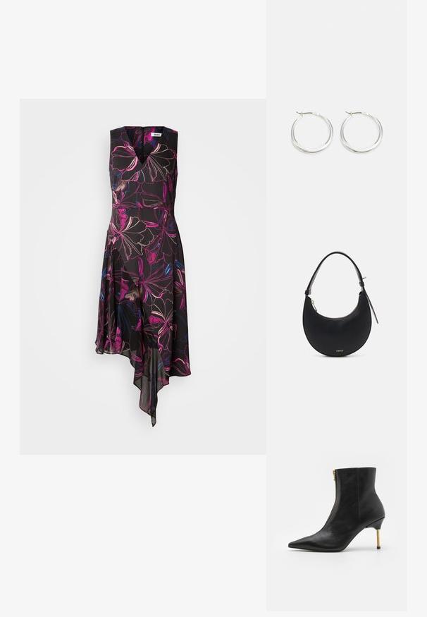 Ærmeløs sort kjole med livlige pink og blå blomsterprint, asymmetrisk kant og V-halsudskæring. Materialet ser let og flydende ud.; AllSaints NATASHA - Støvletter - black; Sort læder skuldertaske med en buet form, lynlåslukning og detaljer i guld-tone. Har et logo på forsiden og en slank rem.; Sølv hoops øreringe har et glat, afrundet design med en slank profil og sikker spænde. Minimalistisk stil med en poleret finish.