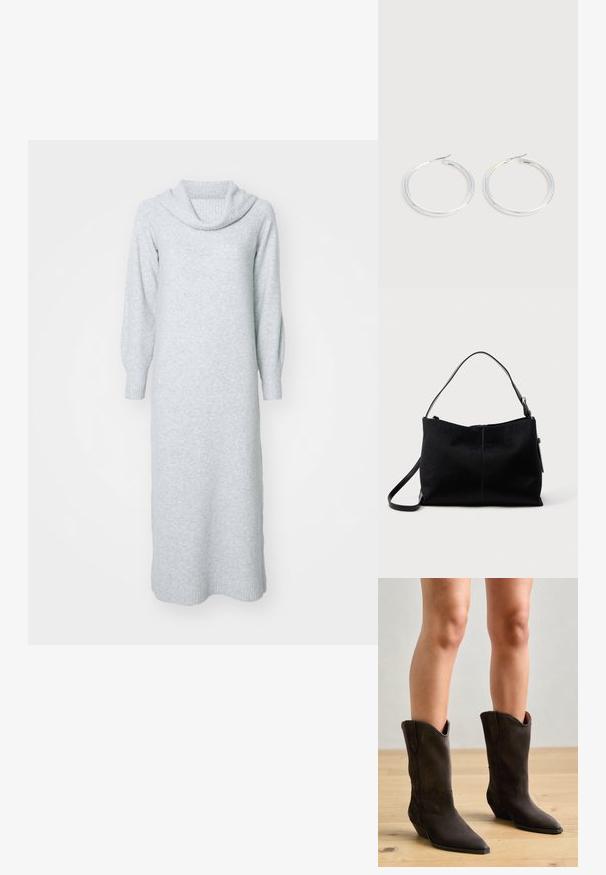 Robe tricotée gris clair avec un col drapé, des manches longues et des poignets côtelés. Silhouette longue et droite avec une texture douce.; Pavement NIKKI - Bottes de cowboy / motard - brown; Sac à bandoulière noir avec une surface lisse et texturée, doté d'une seule sangle et d'une fermeture éclair en haut. Forme rectangulaire compacte.; Paire de boucles d'oreilles créoles argentées brillantes avec fermoirs en fil fin, présentée sur un fond gris clair.