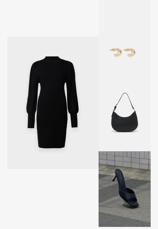 Vestido negro de punto con un cuello alto, textura acanalada, mangas largas de globo y silueta ajustada, que llega hasta la mitad del muslo.; Zapato mule negro de tacón alto con puntera abierta y marca "RAID" en la plantilla, colocado sobre pavimento gris cerca de una pared alicatada.; Bolso hobo negro hecho de cuero suave con una silueta curva, que cuenta con una sola correa ajustable y detalles de diseño minimalistas.; Pendientes en forma de media luna de oro con un acabado suave, que presentan acentos naranjas cerca del pasador y herrajes de plata.
