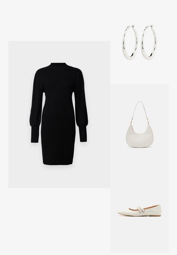 Vestido negro de punto con un cuello alto, textura acanalada, mangas largas de globo y silueta ajustada, que llega hasta la mitad del muslo.; Bailarinas de charol blanco con punta afilada, dos tiras decorativas con hebillas plateadas y una plantilla sutilmente marrón.; Bolso de hombro de cuero crema con forma de media luna, correa delgada y sutil detalle de costuras. Diseño minimalista con acentos de hardware en tono dorado.; Pendientes de aro de plata con un acabado suave y brillante. Forma circular, con un cierre seguro. Diseño sencillo y elegante.