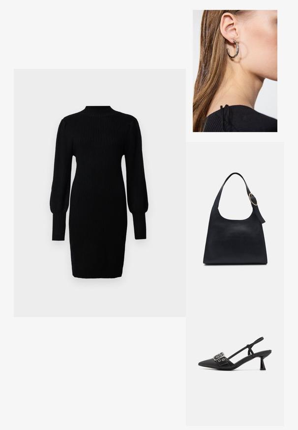 Robe en tricot noir avec un col montant, texture côtelée, manches longues en forme de ballon et silhouette ajustée, arrivant au milieu de la cuisse.; Simmi London DALA - Escarpins - black; Sac en cuir noir avec une texture lisse, un corps arrondi et une seule anse, ornée d'un accent en métal doré rond.; Boucle d'oreille en argent avec une finition polie, présentant de petits détails en or et de forme ronde, portée sur le lobe.