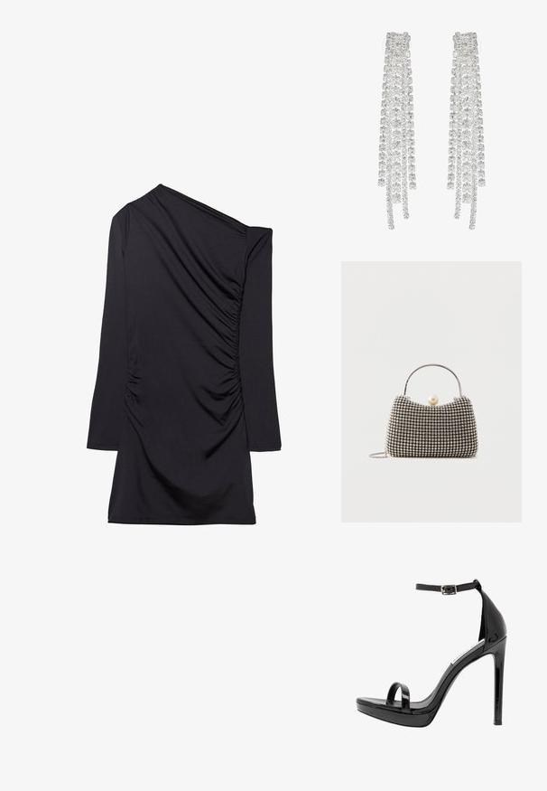 Robe noire avec un design une épaule, manches longues et texture froncée sur le côté. Fabriquée en tissu doux et extensible.; Steve Madden MILANO - Sandales à talons hauts - black; Petit sac à main avec motif à carreaux argenté, poignée incurvée, grande fermeture à perle et une fine bandoulière en chaîne argentée sur un fond uni.; De longues boucles d'oreilles en argent ornées d'un assortiment de cristaux transparents à facettes, disposés en fils cascade de longueurs et de formes variées.