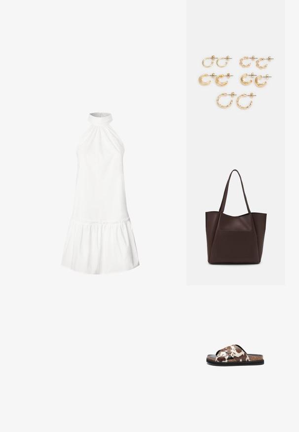 Witte katoenen halterjurk met een geraffineerde halslijn en een uitlopende rijgzoom. Soepele textuur, mouwloos ontwerp en jurk die tot de knie reikt.; Bruine en witte patter-slide-sandaal met een cross-strap ontwerp van zacht materiaal, een kurken voetbed en een zwarte rubberen zool.; Bruine tote bag gemaakt van glad materiaal, met een grote voorkantzak, twee handvatten en een vereenvoudigd, gestructureerd ontwerp.; Gouden oorbellen set, met verschillende vormen: kleine oorringen, stevige krommen en kettingaccenten. Gladde en gestructureerde afwerkingen.