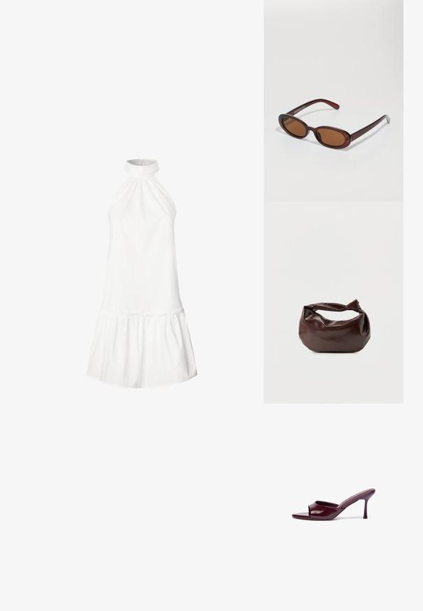 Hvid bomulds halterneck kjole med en samlet halskant og en udstrakt volangkant. Glat tekstur, ærmeløs design og knælang silhuet.; Burgundy patent læder åbent tå slet sandaler med en buet form og en tynd stiletto hæl. Glat tekstur med minimal detaljer.; Runde, bruntonede solbriller med en glansfuld bordeauxramme. Slanke arme med diskret brandingdetalje. Flad linsedesign.; Mørkebrun læder skuldertaske med en blød, afslappet form og et snoet knudehåndtag på en ensartet hvid baggrund.