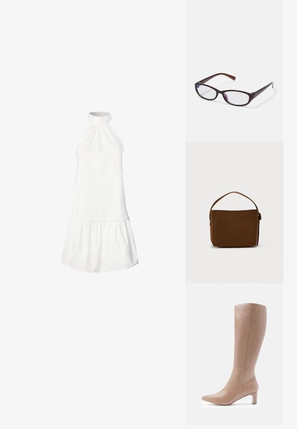 Witte katoenen halterjurk met een geraffineerde halslijn en een uitlopende rijgzoom. Soepele textuur, mouwloos ontwerp en jurk die tot de knie reikt.; Knielange beige leren laarzen met een puntige neus en een transparante blokhak. Gladde textuur en minimale stiksels op de schacht.; Bruine plastic bril met een slanke, langgerekte vorm. Transparante glazen met een lichte paarse tint. Subtiele branding op de poot.; Bruine rechthoekige schoudertas met een enkele brede handgreep en gespsluiting, tegen een effen witte achtergrond.