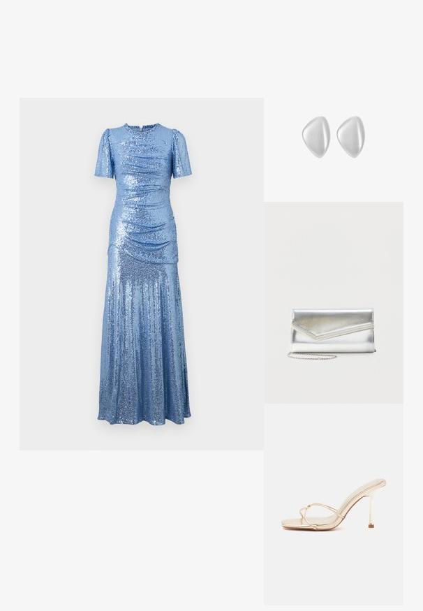 glitzerndes blaues Kleid mit tailliertem Oberteil, kurzen Puffärmeln und einem fließenden Rock. Verfügt über Raffung an den Seiten für zusätzliche Textur.; Goldfarbene High-Heel-Sandale mit offenem Zeh, dünnen überkreuzten Riemen und schlankem Stilettoabsatz auf einfachem hellem Hintergrund.; Glänzende silberne Clutch mit Umschlagklappe und dekorativem Besatz, kleiner silberner Kettenriemen, auf einfachem hellem Hintergrund.; Glatt, unregelmäßig geformte silberne Ohrstecker mit weichem mattem Finish, gezeigt vor einem schlichten weißen Hintergrund.