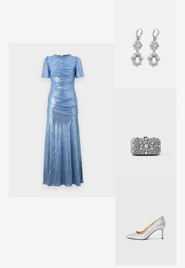 robe bleue pailletée avec un corsage ajusté, de courtes manches bouffantes et une jupe fluide. Présente des fronces sur les côtés pour une texture supplémentaire.; Pompe à talons aiguilles en argent pailleté avec un bout pointu et une doublure intérieure lisse. Le talon est fin, soulignant le design élégant.; Petit sac pochette rectangulaire gris foncé orné de strass clairs disposés en motif rayonnant, avec une bandoulière chaîne argentée.; Boucles d'oreilles en métal argenté ornées de plusieurs pierres précieuses en cristal transparent en forme de goutte et de marquise, avec des fermoirs à levier et des détails complexes.