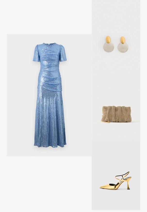 glitzerndes blaues Kleid mit tailliertem Oberteil, kurzen Puffärmeln und einem fließenden Rock. Verfügt über Raffung an den Seiten für zusätzliche Textur.; Goldfarbene, metallische High Heel Schuhe mit spitzem Zeh, offenem Seitenbereich, überkreuzten Riemen am Knöchel und einem einzigartig geformten Absatz.; Kleine goldene Mesh-Clutch mit gerafftem Design und teilweise sichtbarem goldenen Kettengurt auf einfachem weißem Hintergrund.; Ohrringe aus Gold und Silber mit einer runden Diskusbasis und einem ovalen Oberteil, glatte Textur und polierte Oberfläche.