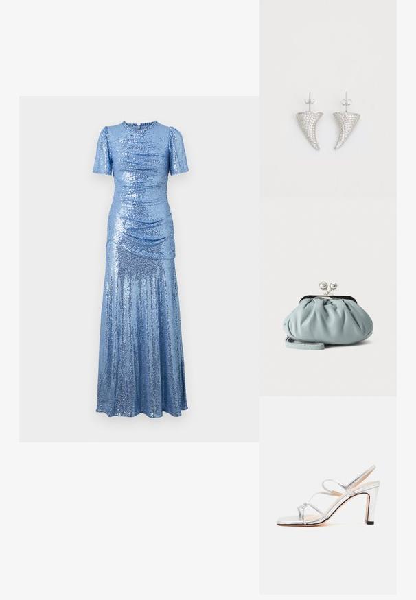 glitzerndes blaues Kleid mit tailliertem Oberteil, kurzen Puffärmeln und einem fließenden Rock. Verfügt über Raffung an den Seiten für zusätzliche Textur.; Silberne Sandale mit hohem Absatz, drei dünnen Riemen und offenem Zehenbereich, von der Seite auf weißem Hintergrund dargestellt.; Kleine hellblaue Leder-Münztasche mit silbernem Metall-Kissenschloss und kurzem Handgelenksriemen vor einfarbigem Hintergrund.; Silberne, hornförmige Ohrringe, besetzt mit kleinen klaren Steinen, mit einem Steckverschluss zur Befestigung. Glatte Textur und metallisches Finish.