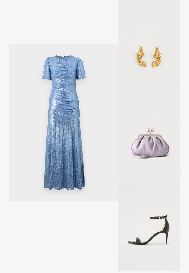 glitzerndes blaues Kleid mit tailliertem Oberteil, kurzen Puffärmeln und einem fließenden Rock. Verfügt über Raffung an den Seiten für zusätzliche Textur.; Schwarze Leder-high-heeled Sandale mit Knöchelriemen. Verfügt über eine glatte Textur, offene Zehen und einen dünnen Absatz. Goldfarbener Schnallenakzent.; Weiche Lavendel-Clutch mit gerafftem Stoff, silbernem Kiss-Lock-Verschluss und passendem Handgelenksriemen auf hellem einfarbigem Hintergrund.; Goldfarbene Ohrringe mit einem verdrehten Blattdesign, verziert mit kleinen funkelnden Steinen und mit einem Steckverschluss gesichert.