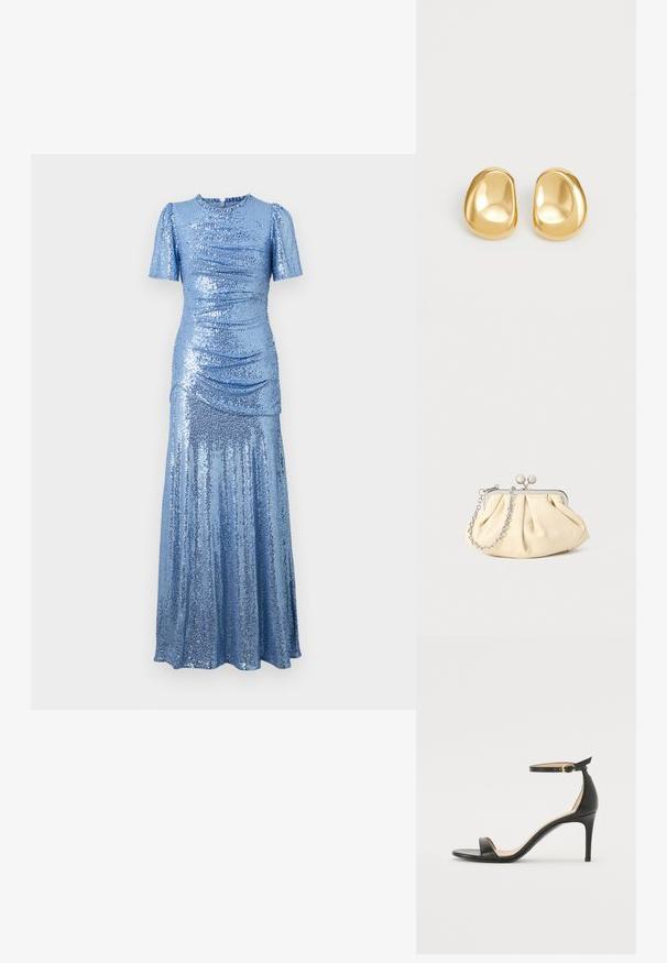 robe bleue pailletée avec un corsage ajusté, de courtes manches bouffantes et une jupe fluide. Présente des fronces sur les côtés pour une texture supplémentaire.; Sandale à talons hauts en cuir noir avec une lanière de cheville. Présente une texture lisse, un bout ouvert et un talon fin. Détail de boucle en ton doré.; Pochette en cuir beige plissé avec un cadre en métal argenté, dotée de deux fermoirs ronds décoratifs et d'une chaîne en argent.; Boucles d'oreilles en forme de clou de couleur or, avec une forme lisse et arrondie et une surface réfléchissante, mettant en avant un design minimaliste sans motifs visibles.