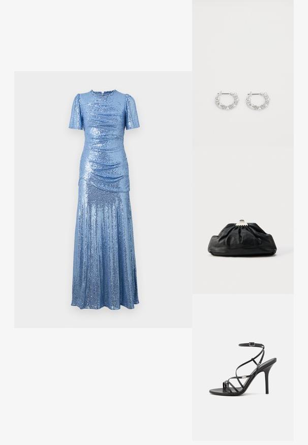 glitzerndes blaues Kleid mit tailliertem Oberteil, kurzen Puffärmeln und einem fließenden Rock. Verfügt über Raffung an den Seiten für zusätzliche Textur.; Schwarze High-Heel-Sandale mit dünnen Riemen, einem Knöchelverschluss, einer glatten Lederoberfläche und einem schlanken Stiletto-Absatz.; Schwarze Leder-Clutch mit geraffter Textur, Metallverschluss und dezentem, auf der Vorderseite geprägtem Logo. Abgerundete Form.; Silberne Creolen mit Perlen- und Kristallakzenten, ausgestattet mit einer strukturierten Oberfläche und einem sicheren Steckverschluss.