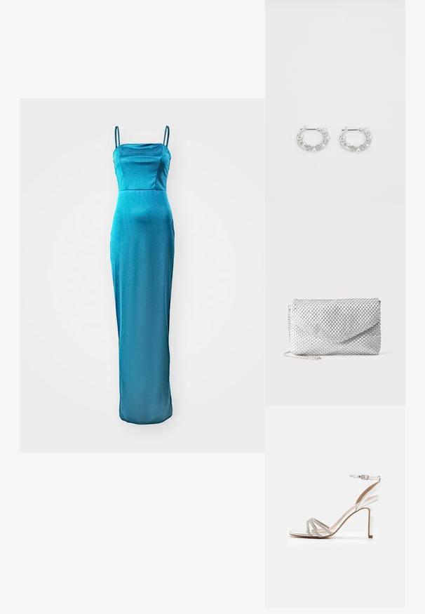 Satin ψηλή μέση φόρεμα σε teal με λεπτές τιράντες, ίσια λαιμόκοψη και εφαρμοστή σιλουέτα που καταλήγει σε ελαφριά φουσκίτσα στο τελείωμα.; Ασημένια ψηλοτάκουνα σανδάλια με πολλαπλές λωρίδες που διαθέτουν λεπτομέρειες από ρουμπίνια, ανοιχτό μπροστινό σχέδιο και λουράκι στον αστράγαλο. Λείο μεταλλικό φινίρισμα.; Ασημένιο βραδινό τσαντάκι με δίχτυ, κλείσιμο φάκελος και λεπτό λουράκι αλυσίδας σε απλό λευκό φόντο.; Ασημένια σκουλαρίκια κρίκοι με πέρλα και κρυστάλλινες λεπτομέρειες, με υφή στην επιφάνεια και ασφαλές κλείσιμο με βέργα.