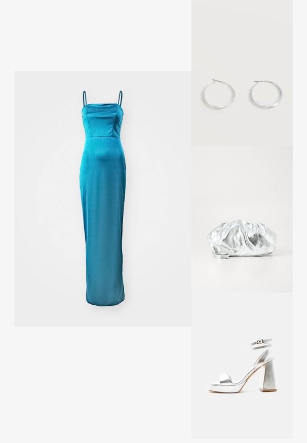 Satin ψηλή μέση φόρεμα σε teal με λεπτές τιράντες, ίσια λαιμόκοψη και εφαρμοστή σιλουέτα που καταλήγει σε ελαφριά φουσκίτσα στο τελείωμα.; Ασημένιο μεταλλικό πέδιλο με ψηλό τακούνι, λουράκι στον αστράγαλο, τετράγωνο τακούνι και ανοιχτά δάχτυλα σε απλό φωτεινό φόντο.; Μεταλλική ασημένια τσάντα χερίου με απαλή, συγκεντρωμένη δομή και λεπτό λουρί ώμου. Διαθέτει λεία, γυαλιστερή υφή και στρογγυλό σχήμα.; Ασημένια μεταλλικά σκουλαρίκια κρίκοι με λεία, ελαφρώς κυρτή επιφάνεια και κλειδαριά τύπου latch-back σε απλό λευκό φόντο.