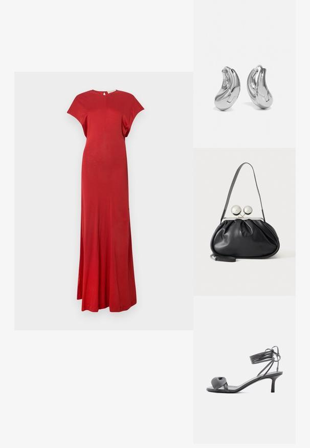 Rød maxi kjole med korte ærmer, tætsiddende top og flydende skørt. Glat tekstur, minimalistisk design og en nøglehul tilbage detalje.; Grå læder sandal med hæl, knyttet rem ved tæerne og snørebånd, der vikles om anklen, på slank mellemhøj hæl mod hvid baggrund.; Sort læderhåndtaske med opsamlet design, en enkelt rem, sølv metalramme og to store runde sølv lukninger.; Sølvøreringe med en buet, blank finish og et sømløst design. Har en hængsellukning for sikker bæring.
