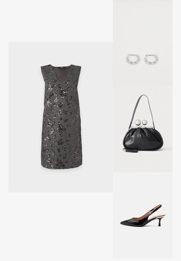 Grijze mouwloze jurk met een V-hals, versierd met donkere pailletten in bloemmotieven, met een textuurstof en een jurk tot op de knie.; Zwarte lakleren slingback pump met puntige neus en lage kittenheel op een eenvoudige witte achtergrond.; Zwarte leren handtas met een geplooid ontwerp, een enkele schouderband, zilverkleurige metalen omlijsting en twee grote ronde zilveren sluitingen.; Zilveren oorringen met parel- en kristalaccenten, met een gestructureerd oppervlak en een veilige postsluiting.