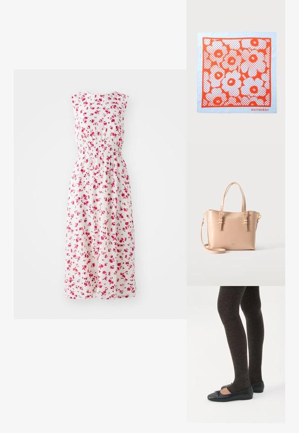 Bloemenmaxi-jurk met een witte achtergrond, bedekt met kleine roze bloemen, met een getailleerde taille en zonder mouwen.; Benen met donkere geribbelde leggings gecombineerd met zwarte ballerina's met kleine strikdetails op een witte achtergrond.; Vierkante sjaal met een blauwe rand, rood-wit bloemenpatroon met rode stippen en het woord “marimekko” in de rechterbenedenhoek.; Beige leren tote tas met dubbele handvatten, afneembare schouderriem en goudkleurige gespsdetails op een effen lichte achtergrond.