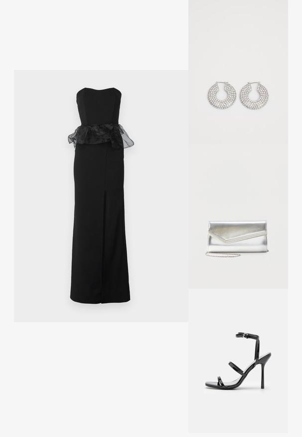 WAL G. AURA PEPLEM MAXI DRESS - Juhlamekko - black; Musta patenttineuleinen korkeakorko sandaalit, joissa on kolme vaakasuoraa hihnaa ja säädettävä nilkkahihna. Tyylikäs siluetti ja kiiltävä pinta.; Kiiltävä hopeinen clutch-laukku, jossa on kirjekuorimallinen läppä ja koristeellinen koriste, pieni hopeinen ketjuhihna, yksinkertaisella vaalealla taustalla.; Hopeiset korvakorut, joissa on useita kirkkaan kristallikoristeita, teksturoitu pinta ja avoin ympyrämuoto.