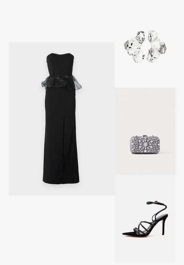 WAL G. AURA PEPLEM MAXI DRESS - Koktailové šaty/večierkové šaty - black; Čierna sandále na vysokom podpätku so špicatou špičkou, tenkými prekríženými remienkami a remienkom okolo členka so zlatou prackou na jednoduchom svetlom pozadí.; Malé obdĺžnikové tmavosivé púzdro zdobené priehľadnými trblietavými kamienkami v žiariacom vzore a strieborným reťazovým remienkom.; Zhluk šiestich nepravidelne tvarovaných priehľadných a odrazu schopných sklenených kúskov usporiadaných na bielom pozadí.