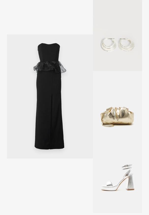 WAL G. AURA PEPLEM MAXI DRESS - Cocktail φόρεμα / Φόρεμα για πάρτι - black; Ασημένιο μεταλλικό πέδιλο με ψηλό τακούνι, λουράκι στον αστράγαλο, τετράγωνο τακούνι και ανοιχτά δάχτυλα σε απλό φωτεινό φόντο.; Χρυσή μεταλλική τσάντα clutch με ζαρωτή υφή, μαλακή στρογγυλή μορφή και αποσπώμενη αλυσίδα. Διαθέτει μαζεμένη σχεδίαση στην κορυφή.; Ασημένια σκουλαρίκια κρίκοι με τρεις στρωτές ημικυκλικές ζώνες, μία διακοσμημένη με μικρά διάφανα κρύσταλλα σε ανοιχτό φόντο.