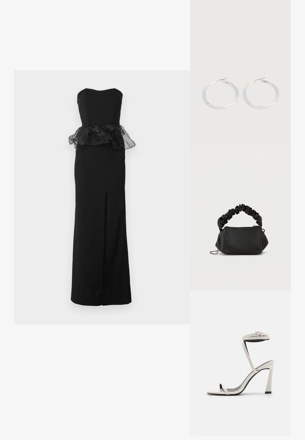 WAL G. AURA PEPLEM MAXI DRESS - Cocktail φόρεμα / Φόρεμα για πάρτι - black; Λευκές παλαιές δερμάτινες ψηλοτάκουνες σανδάλες με κλειστή φτέρνα, αυτοκόλλητο που φτάνει μέχρι τον αστράγαλο και τετράγωνη μύτη. Διαθέτουν λεία υφή και λεπτό τακούνι.; Μαύρη τσάντα χειρός με στρογγυλό σχήμα, φτιαγμένη από λείο υλικό. Διαθέτει μαλακή, τσαλακωμένη λαβή και μεταλλική αλυσίδα για ευελιξία.; Ζεύγος λαμπερών ασημένιων κρίκων με λεπτές σύρμα σφραγίδες, παρουσιασμένα σε ανοιχτό γκρι φόντο.
