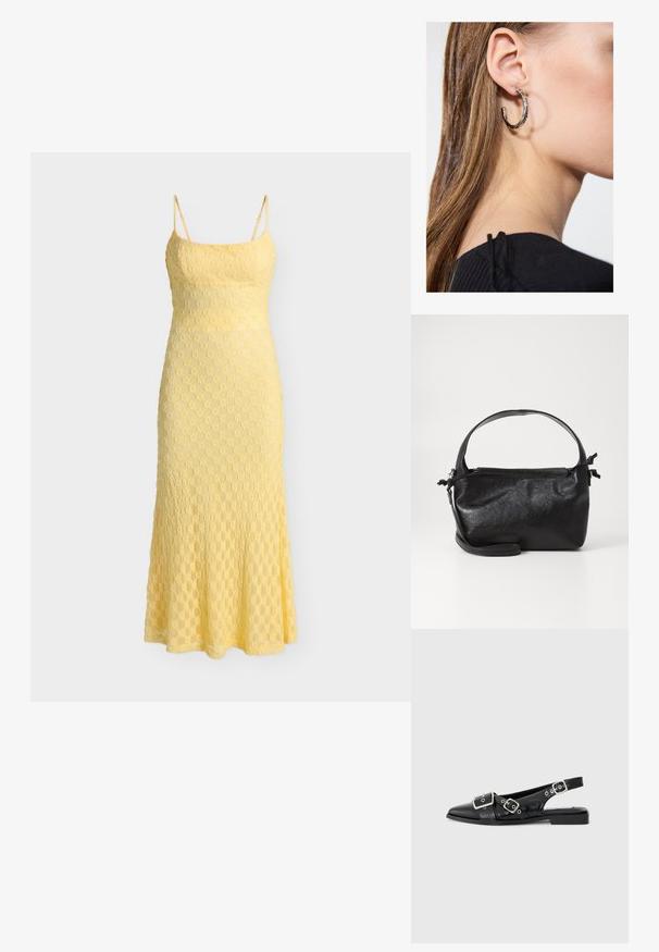 Robe jaune sans manches avec fines bretelles, featuring un motif en dentelle florale et une silhouette ajustée s'évasant légèrement à l'ourlet.; Chaussure slingback en cuir noir avec un bout pointu, deux boucles en argent et un petit talon carré. Présente un dessus texturé et un dos ouvert.; Sac à main en cuir noir au design structuré, avec une poignée arrondie et une bandoulière amovible. Présente une texture lisse et un éclat subtil.; Boucle d'oreille en argent avec une finition polie, présentant de petits détails en or et de forme ronde, portée sur le lobe.
