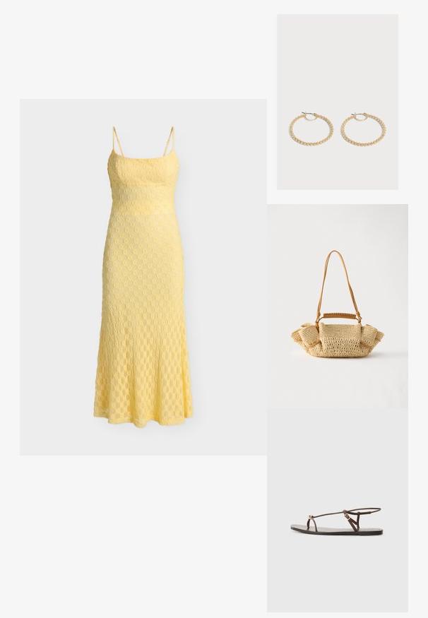 Robe jaune sans manches avec fines bretelles, featuring un motif en dentelle florale et une silhouette ajustée s'évasant légèrement à l'ourlet.; Sandale en cuir marron avec des fines lanières, un accent circulaire doré et une semelle plate. Design minimaliste avec un détail de boucle réglable.; Sac à main beige tressé avec une longue lanière fine et des côtés froncés, avec une petite poignée enveloppée de cuir pour différentes options de port.; Paire de boucles d'oreilles créoles en or de taille moyenne avec un design texturé et perlé sur un fond clair uni.