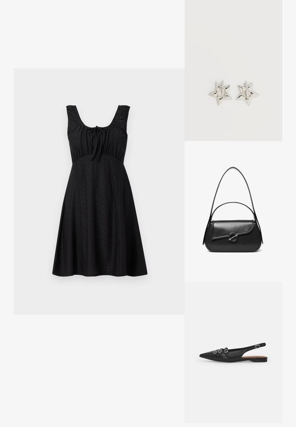 Must mustriga kleit, millel on sobiv kehaosa, ripsmed ja flare-skleit. Kanga pinnal on peen kujundus ja esiosal on tõmbluku detail.; Must must nahk slingback tasase jala king, terav nina, millel on kaks horisontaalset rihma ja ruudukujulised hõbedased sanga, madal konts ja sile tekstuur.; Must nahast õlakott kõverda kaanega, mida hoiab kinni ümmargune metallist klamber ja millel on õhuke, reguleeritav rihm.; Hõbedast tähekujulised rõngaskõrvarõngad, millel on sile ja poleeritud viimistlus, tavalise valge taustaga.