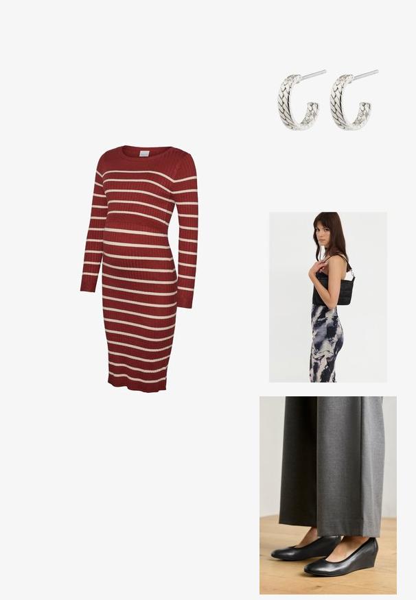 Umstandskleid aus Rippstoff mit figurbetonter Form und langen Ärmeln. Die Farbe ist tiefrot mit kontrastierenden weißen horizontalen Streifen.; Schwarze Leder-Wedgeschuhe mit abgerundetem Zeh und glatter Textur, kombiniert mit grauen weiten Hosen, auf einem Holzboden.; Schwarze gesteppte Schultertasche mit einem einzelnen Riemen und silberner Hardware, kombiniert mit einem figurbetonten Kleid im Batikmuster in Schwarz- und Cremetönen.; Silberne Creolen mit geflochtenem Muster, ausgestattet mit einer strukturierten Oberfläche und einem Steckverschluss, in geschwungener Form und poliertem Finish.