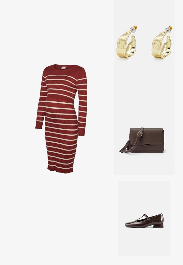 Umstandskleid aus Rippstoff mit figurbetonter Form und langen Ärmeln. Die Farbe ist tiefrot mit kontrastierenden weißen horizontalen Streifen.; Braune Mary-Jane-Schuhe aus Lackleder mit abgerundetem Zehenbereich, Cut-out-Design und verstellbarem Riemen. Niedriger Blockabsatz.; Braune Schultertasche aus Kunstleder mit Klappenverschluss, goldfarbener Hardware und seitlichem Quasten-Detail. Verstellbarer Riemen für vielseitigen Tragekomfort.; Goldfarbene Ohrringe in Form abstrakter Hände, mit einer glänzenden Oberfläche, filigranen Details und einem Silber- und Goldstift für sicheren Halt.
