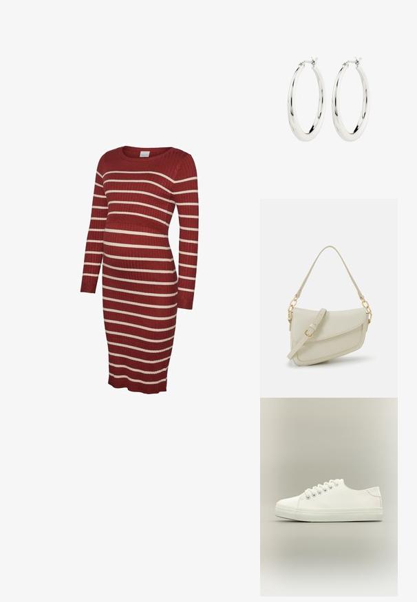 Graviditetskjole i ribbet stof med en tætsiddende pasform og lange ærmer. Farven er dyb rød med kontrasterende hvide horisontale striber.; Hvid lavtop sneaker med hvide snørebånd og gummisål vist fra siden på en neutral baggrund.; Lille cremehåndtaske med tekstureret overflade, en lang justerbar rem, en kædeaccent og flaplukning. Detaljer i guldhardware.; Sølvøreringe i form af hoops med en glat, blank finish. Cirkulær form, der har en sikker lås. Simpelt og elegant design.