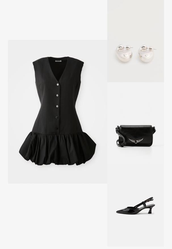 Robe noire sans manches avec un décolleté en V plongeant, un devant à boutons et un ourlet à volants. Fabriquée en tissu lisse avec un corsage structuré et une texture douce.; Chaussure slingback en cuir verni noir à petit talon, bout pointu et bride réglable avec boucle dorée sur fond blanc.; Sac en cuir noir à bandoulière avec un design à rabat, présentant des accents d'aile en argent et une finition texturée. Sangle réglable incluse.; Paire de boucles d'oreilles argentées brillantes et épaisses avec fermoirs à tige, sur fond blanc uni.