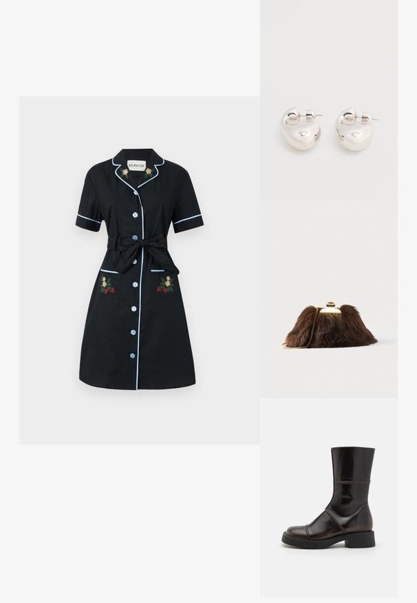 Helmstedt FIONA DRESS - Skjortekjole - black; MIISTA DAHLIA - Plateaustøvler - brown; Brun clutch i imiteret pels med lås og kæderem i guldfarve. Blød tekstur, trekantet form og let fluffy udseende.; Par af skinnende sølv store øreringe med lukning på bagsiden mod en ensfarvet hvid baggrund.