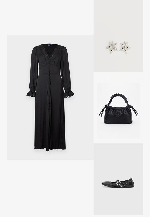 Μαύρο φόρεμα μακρυμάνικο με V-λαιμόκοψη, δαντέλα στο τελείωμα και κουμπιά μπροστά. Διαθέτει εφαρμοστή μέση και μανίκια με βολάν και διακοσμητικές τρύπες.; Μαύρο δερμάτινο φλατ παπούτσι με μυτερή μύτη, συγκεντρωμένες λεπτομέρειες γύρω από το άνοιγμα και μια ασημένια αγκράφα ως λεπτομέρεια στη ρυθμιζόμενη λουρίδα.; Μαύρη τσάντα με υφή κροκοδείλου, με πτυχώσεις στην πάνω άκρη, μαζεμένη λαβή και κορδόνια με φούντες σε κάθε πλευρά, πάνω σε λευκό φόντο.; Ασημένια σκουλαρίκια κρίκοι σε σχήμα αστεριού με λείο, γυαλιστερό φινίρισμα σε απλό λευκό φόντο.